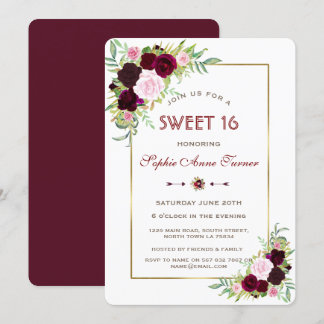 Royal Burgundy Marsala Floral Gold Sweet 16 Einladung