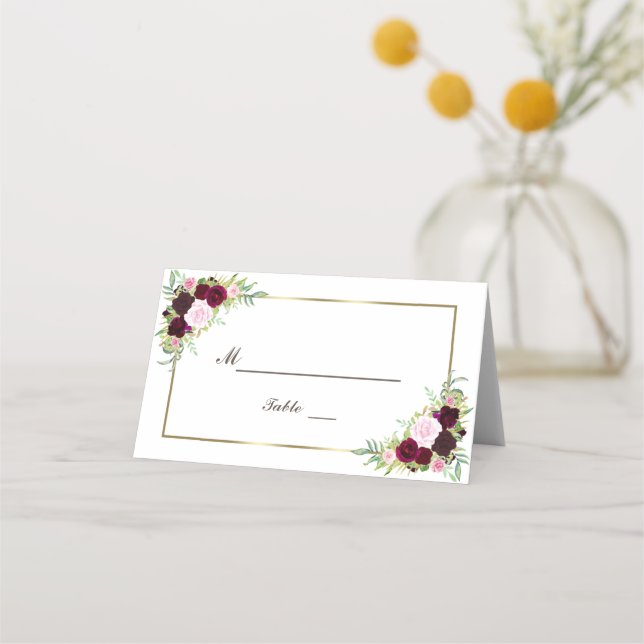 Royal Burgundy Marsala Floral Gold Tischnummer Platzkarte (Vorderseite)