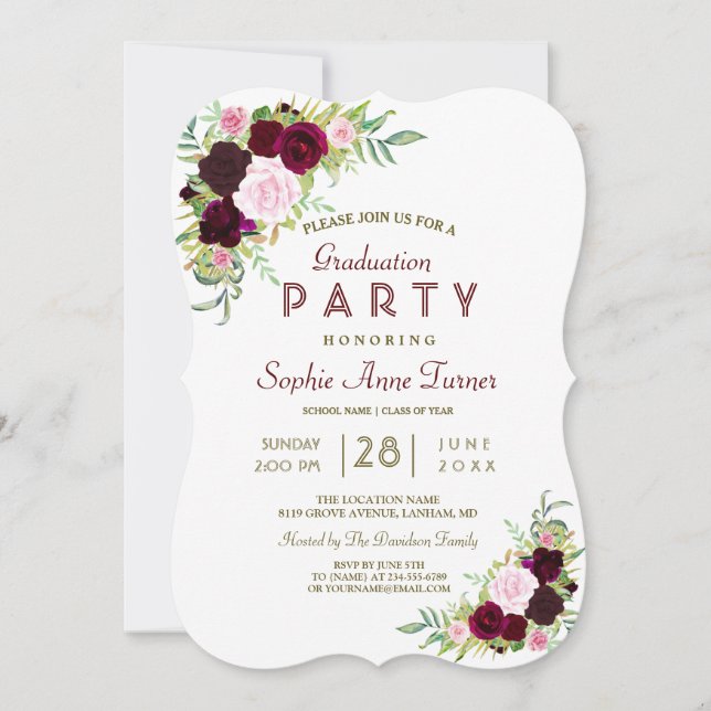 Royal Burgundy Marsala Floral Graduation Party Einladung (Vorderseite)