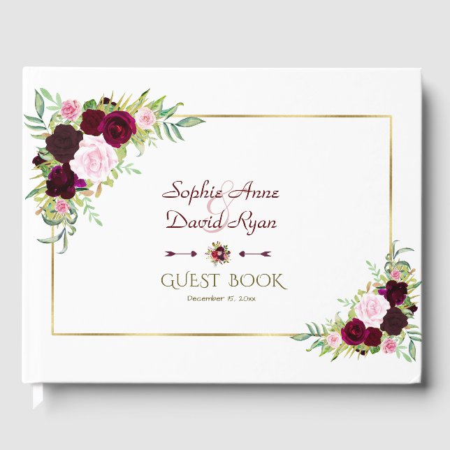 Royal Burgundy Marsala Floral Wedding Gästebuch (Vorderseite)