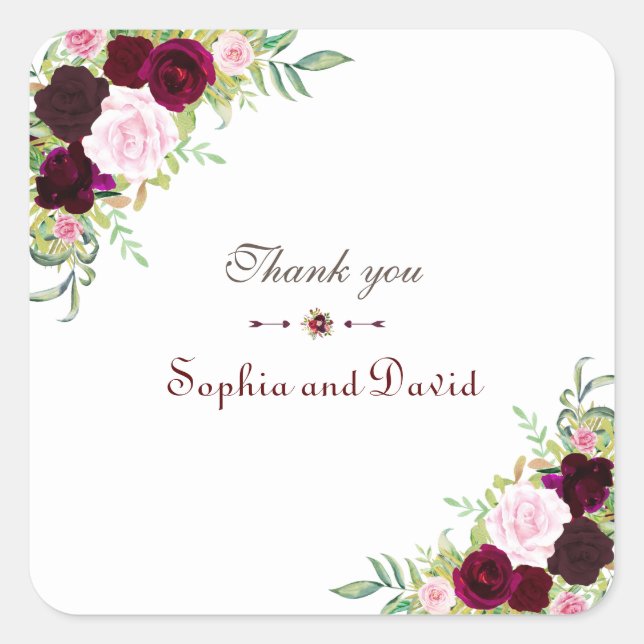 Royal Burgundy Marsala Floral Wedding Quadratischer Aufkleber (Vorderseite)