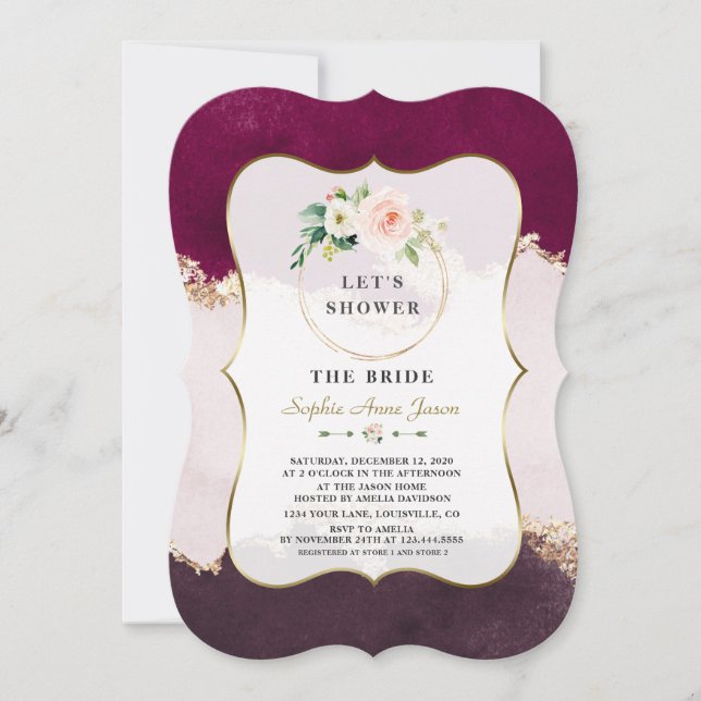 Royal Burgundy Pink Blume Gold Brautparty Einladung (Vorderseite)