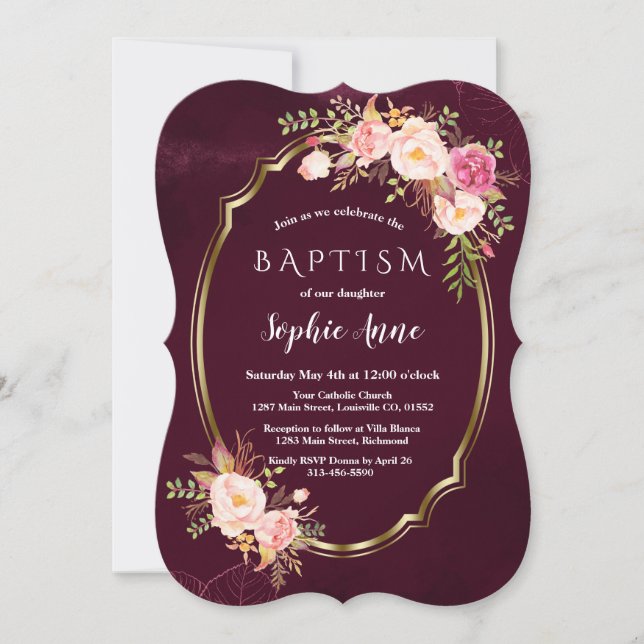 Royal Burgundy Pink Floral Gold Rahmen Taufe Einladung (Vorderseite)