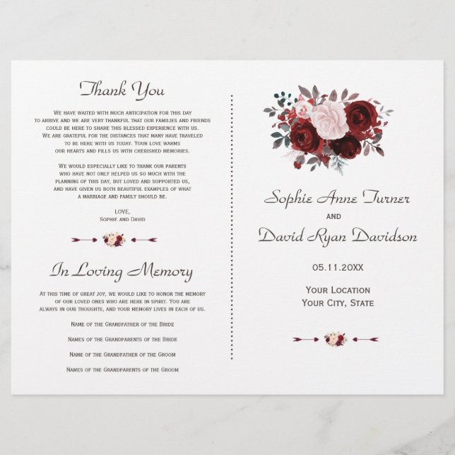 Royal Burgundy Pink Floral Gold Wedding Programme (Devant)