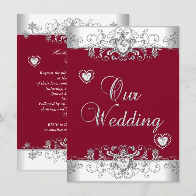 Royal Burgundy Red Wedding Silver Diamond Hearts Einladung (Vorne/Hinten)