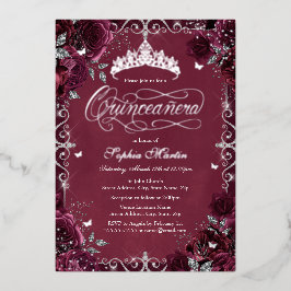 Royal Burgundy Silver Butterfly Rose Quinceanera Folieneinladung