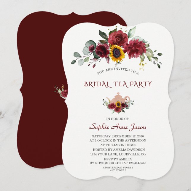 Royal Burgundy Sunflower Bridal Tea Party Einladung (Vorne/Hinten)