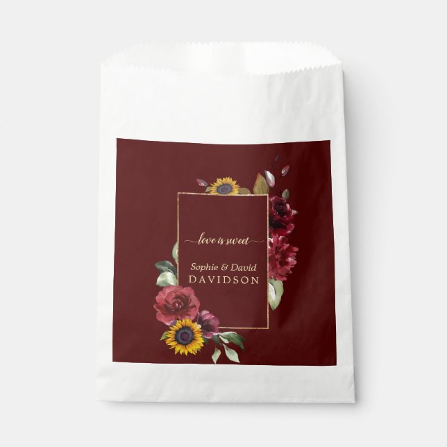 Royal Burgundy Sunflower Gold Wedding Geschenktütchen (Vorderseite)