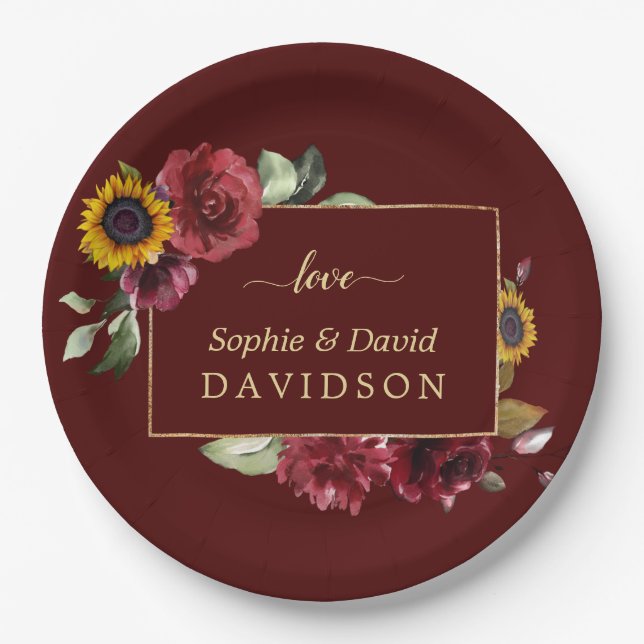 Royal Burgundy Sunflower Gold Wedding Pappteller (Vorderseite)