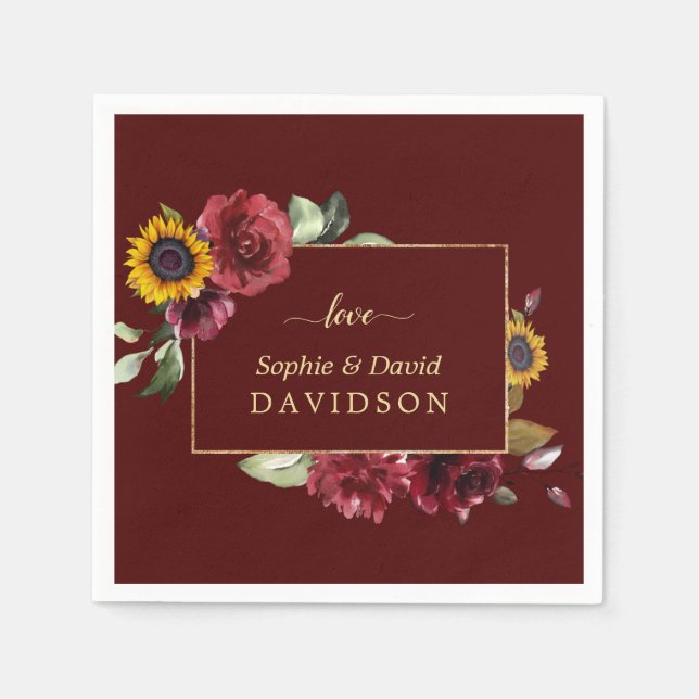 Royal Burgundy Sunflower Gold Wedding Serviette (Vorderseite)