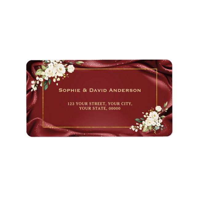 Royal Burgundy White Blume Gold Christening Adressaufkleber (Vorne)