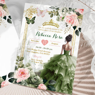 Royal Castle Blush Pink Sage Green Quinceañera Einladung