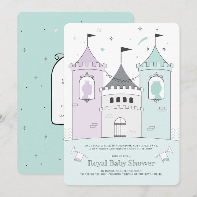 Royal Castle Boy Girl Twins Kinderdusche Einladung (Vorne/Hinten)