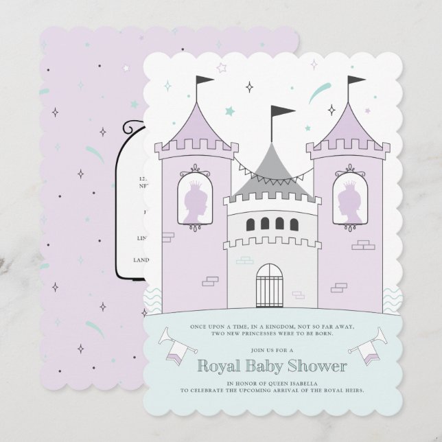 Royal Castle Girl Twins Kinderdusche Einladung (Vorne/Hinten)