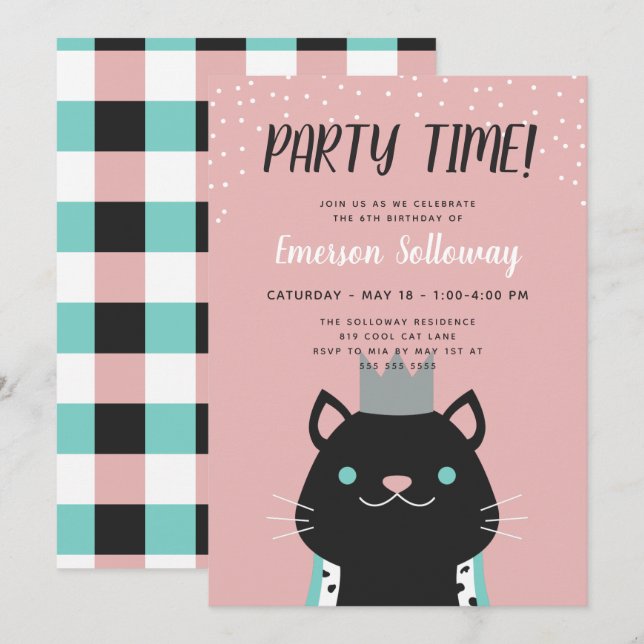 Royal Cat Pink Kindergeburtstag Party Einladung (Vorne/Hinten)