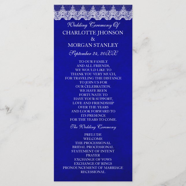 Royal Cobalt Blue White Lace Wedding Program Programm (Vorderseite)
