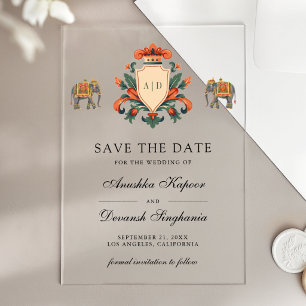 Royal Crest Elephant Indische Hochzeit Save the Da Acryleinladungen