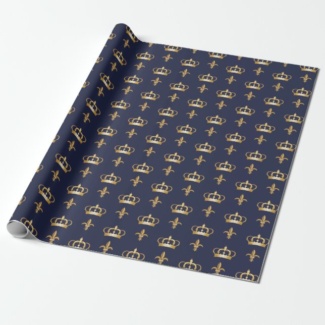 Royal Crown and Lilie Pattern on Blue Geschenkpapier (Ungerollt)