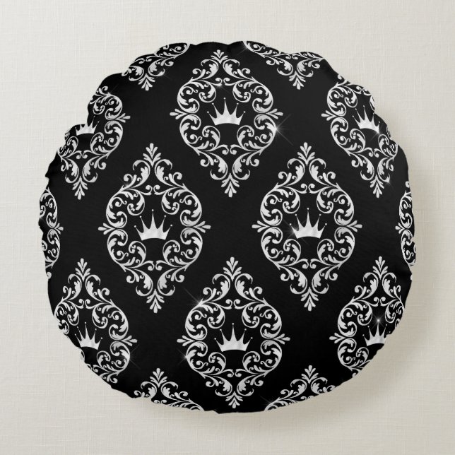 Royal Crown Black and White Damask Round Pillow Rundes Kissen (Vorderseite)