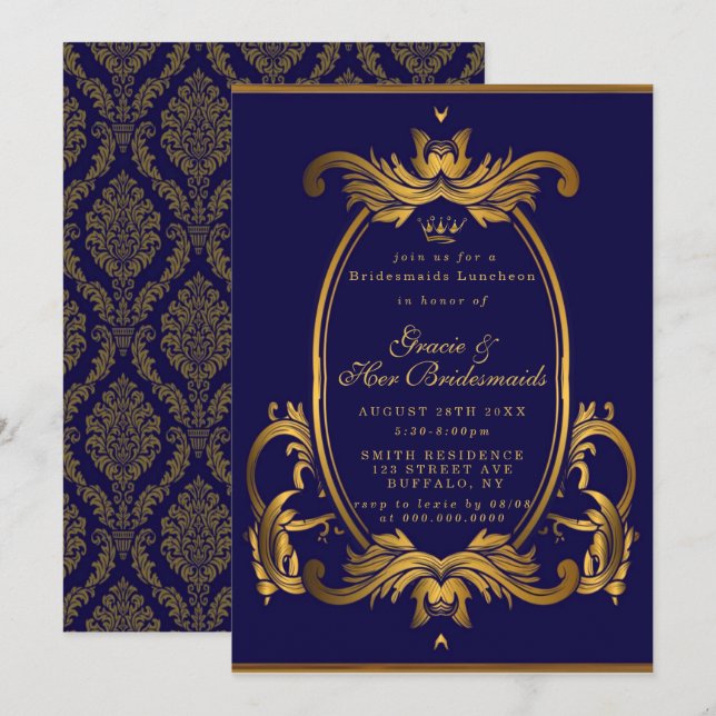 Royal Crown Blue Gold Bridesmaids Invitations de d (Devant / Derrière)