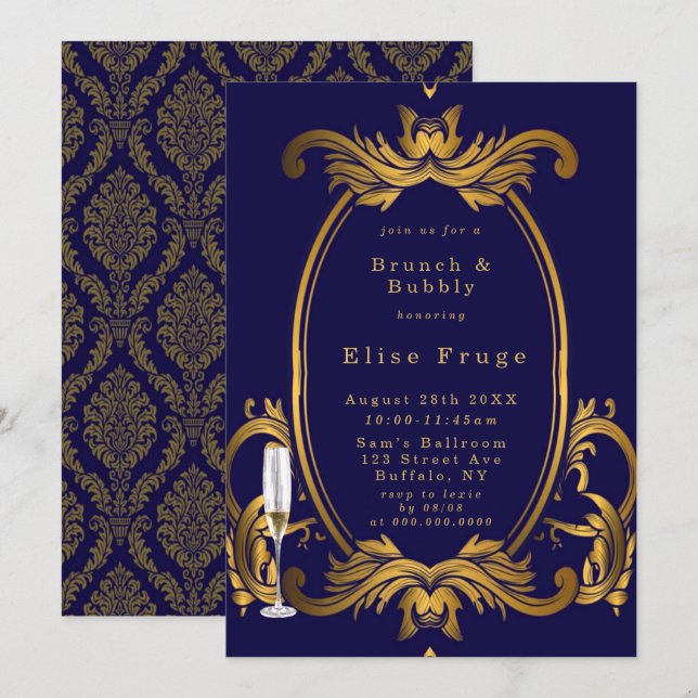 Royal Crown Blue Gold Schnörkel Brunch & Bubbly Einladung (Vorne/Hinten)