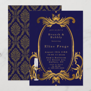 Royal Crown Blue Gold Schnörkel Brunch & Bubbly Einladung