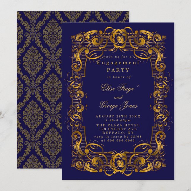 Royal Crown Blue Gold Schnörkel Engagement Party Einladung (Vorne/Hinten)