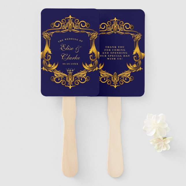 Royal Crown Blue und Gold Schnörkel Wedding Fächer (Vorne und Hinten)