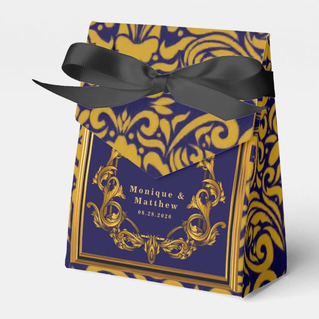Royal Crown Blue und Gold Schnörkel Wedding Geschenkschachtel (Vorderseite)