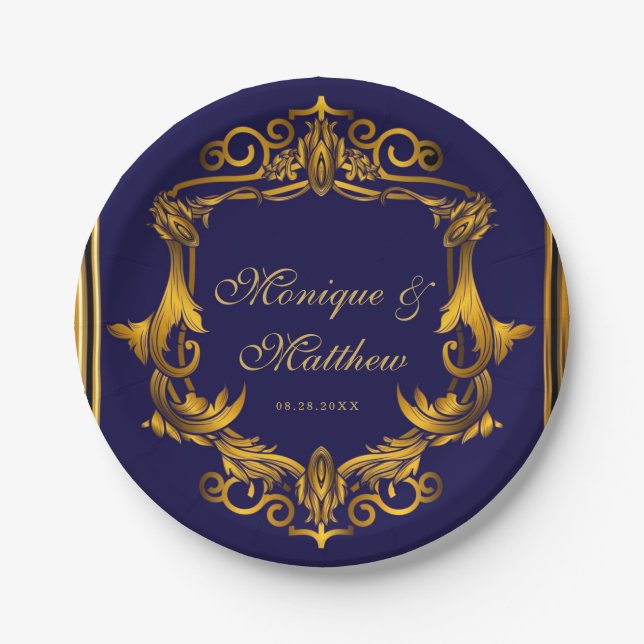 Royal Crown Blue und Gold Schnörkel Wedding Pappteller (Vorderseite)