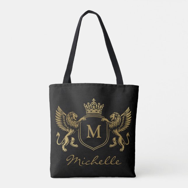Royal Crown Emblem Lions Monogram Script Gold Tasche (Rückseite)