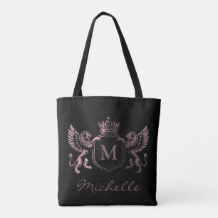 Royal Crown Emblem Lions Monogram Script Rose Gold Tasche