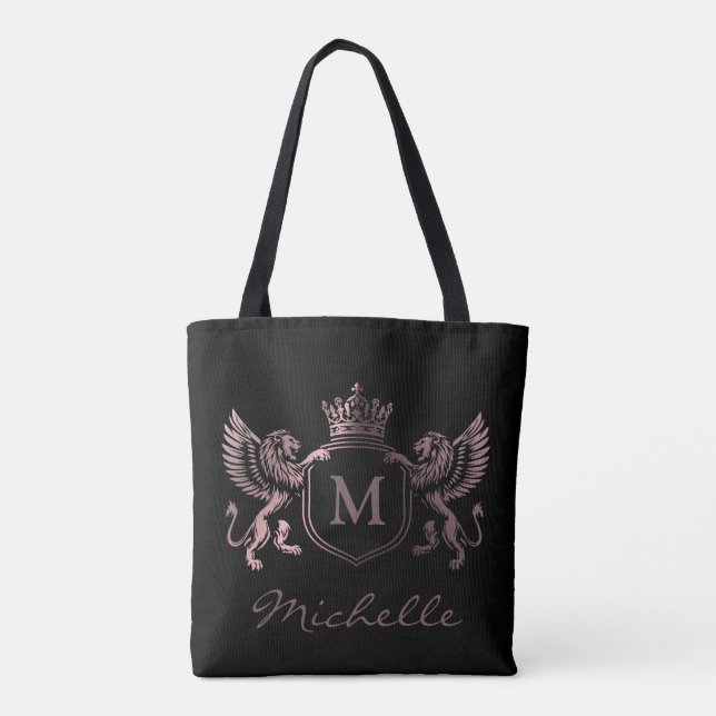 Royal Crown Emblem Lions Monogram Script Rose Gold Tasche (Rückseite)