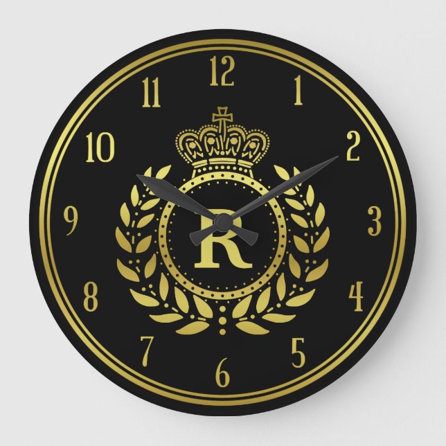 Royal Crown Laurel Wreath Black Gold Mit Monogramm Große Wanduhr (Vorderseite)