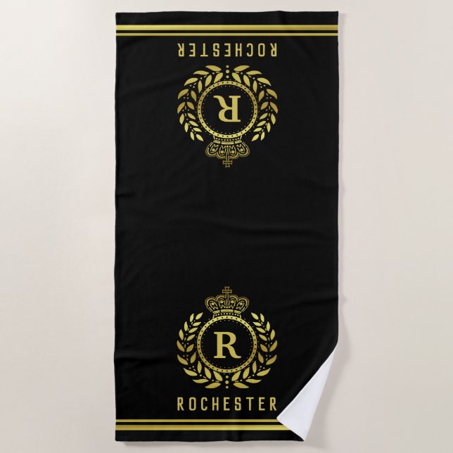Royal Crown Laurel Wreath Black Gold Mit Monogramm Strandtuch (Vorderseite)