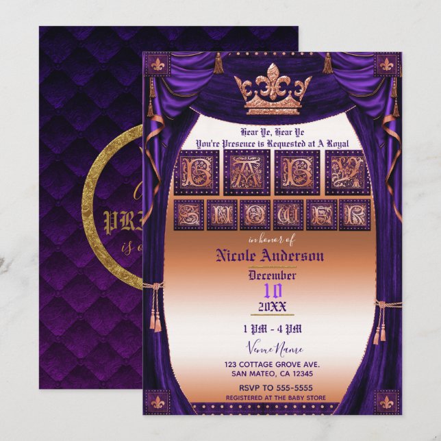Royal Crown Lila & Gold Storybook Kinderdusche Einladung (Vorne/Hinten)