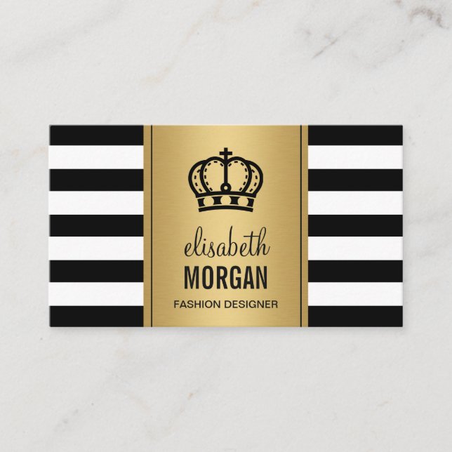 Royal Crown Logo Elegante Schwarz-weiße Streifen Visitenkarte (Vorderseite)