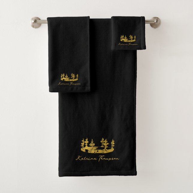 Royal Crown Luxury Black & Gold Monogram Badhandtuch Set (Insitu)