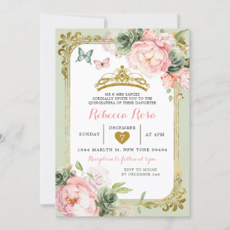 Royal Crown Sage Green Light Pink Quinceañera Einladung