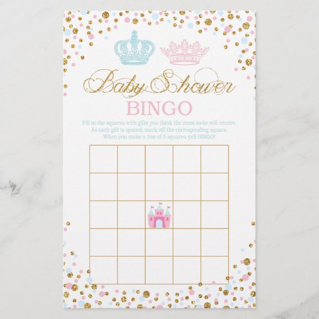 Royal Crowns Prince Princess Baby Dusche Bingo Flyer (Vorne)
