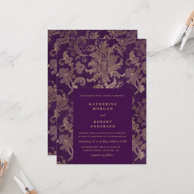 Royal Damask Elegantes Lila Hochzeitserlebnis Einladung (Vorderseite/Rückseite Beispiel)