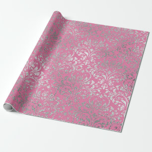 Royal Damask Pink Silver Floral Shiny Vip Geschenkpapier