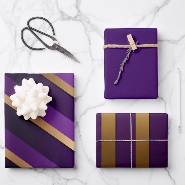 Royal Deep Lila und Gold gestreift Geschenkpapier Set (Vorderseite)