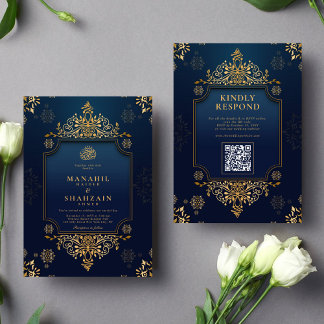 Royal dunkelblau Gold Floral QR Code Muslim Hochze Einladung