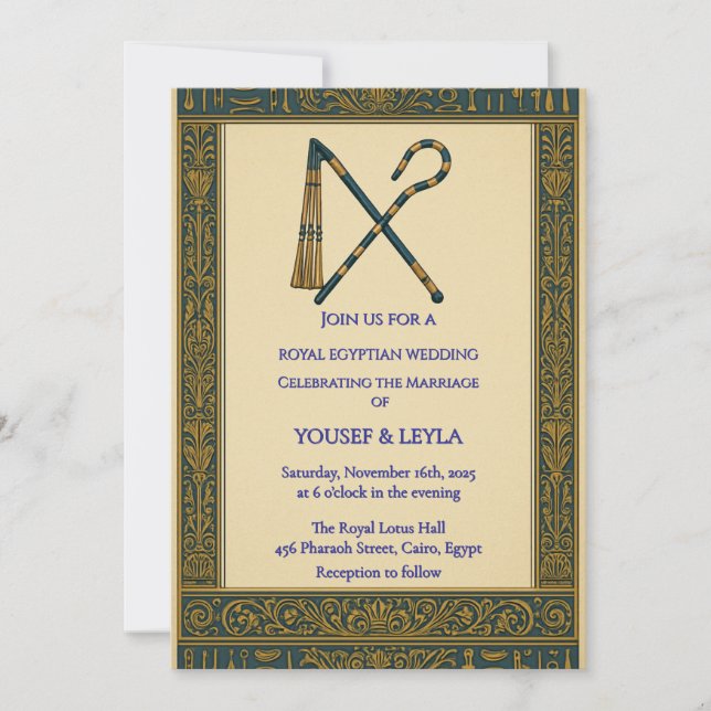 Royal Egyptian Crook & Flail Gold Wedding Einladung (Vorderseite)