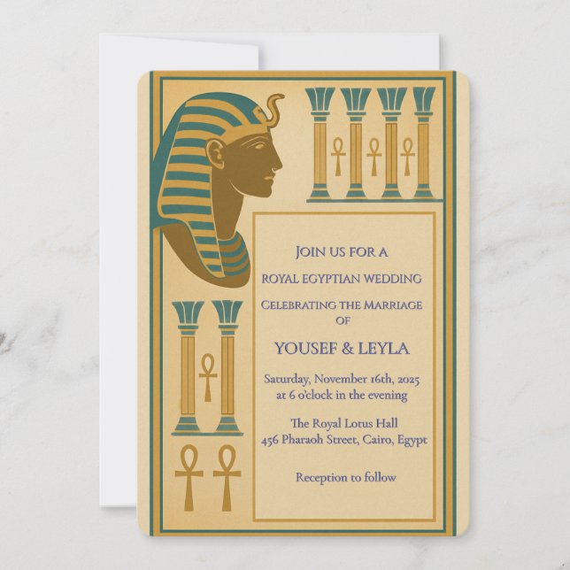 Royal Egyptian Pharaoh Motif Lotus Gold Einladung (Vorderseite)