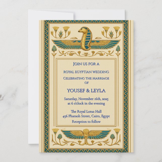 Royal Egyptian Winged Cobra Lotus Gold Wedding Einladung (Vorderseite)