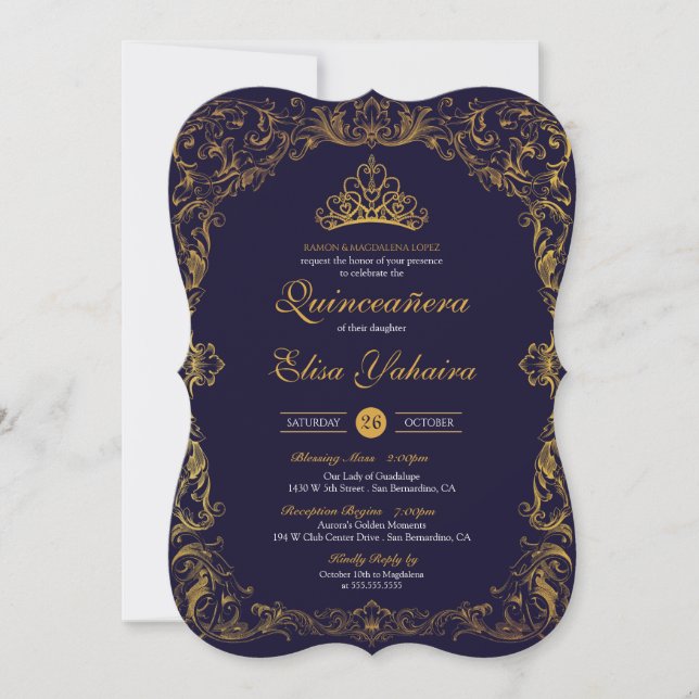 Royal Elegana Gold Navy Blue Fairytale Quinceanera Einladung (Vorderseite)