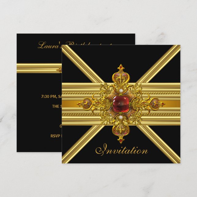 Royal Elegant Gold Red Jewel auf Black Party 2 Einladung (Vorne/Hinten)