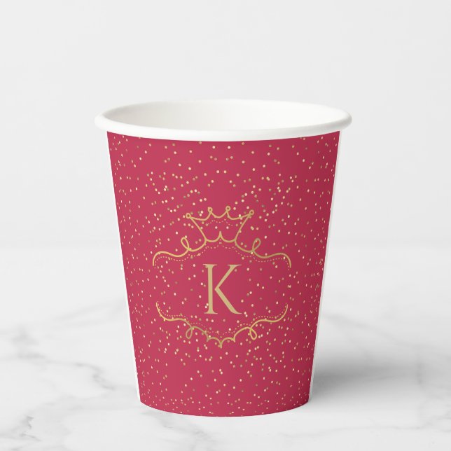 Royal Elegant Red Gold Crown Tiara Name Monogram Pappbecher (Vorderseite)